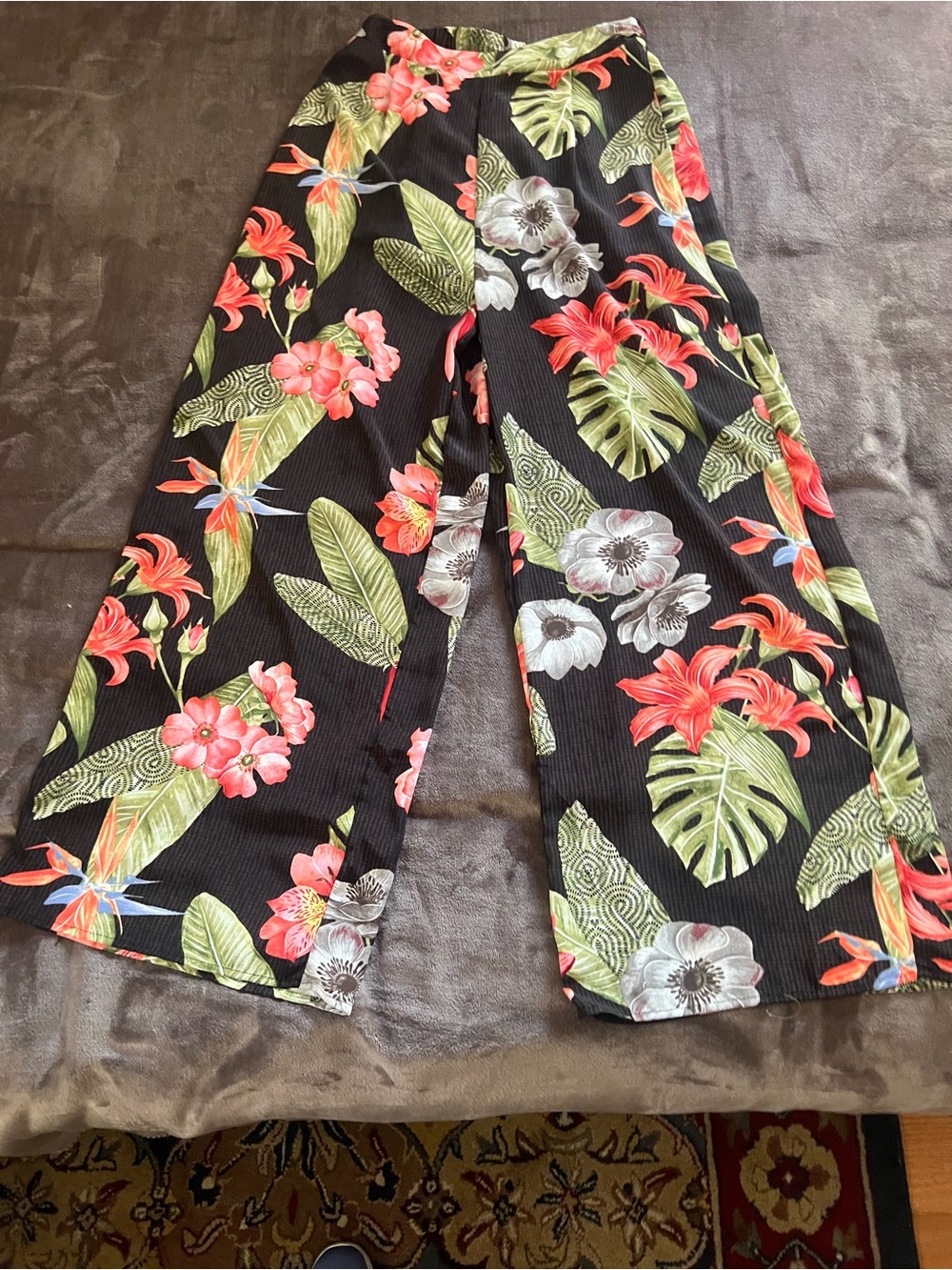 Wide Leg Tropical Print Pants - Black with Tropical Flowers